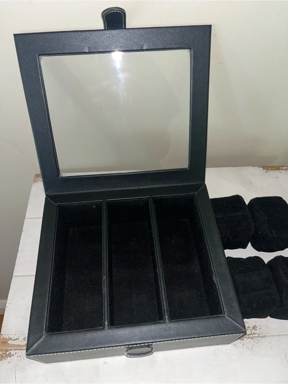 Black Leather Glass-Top Jewelry Organizer Box